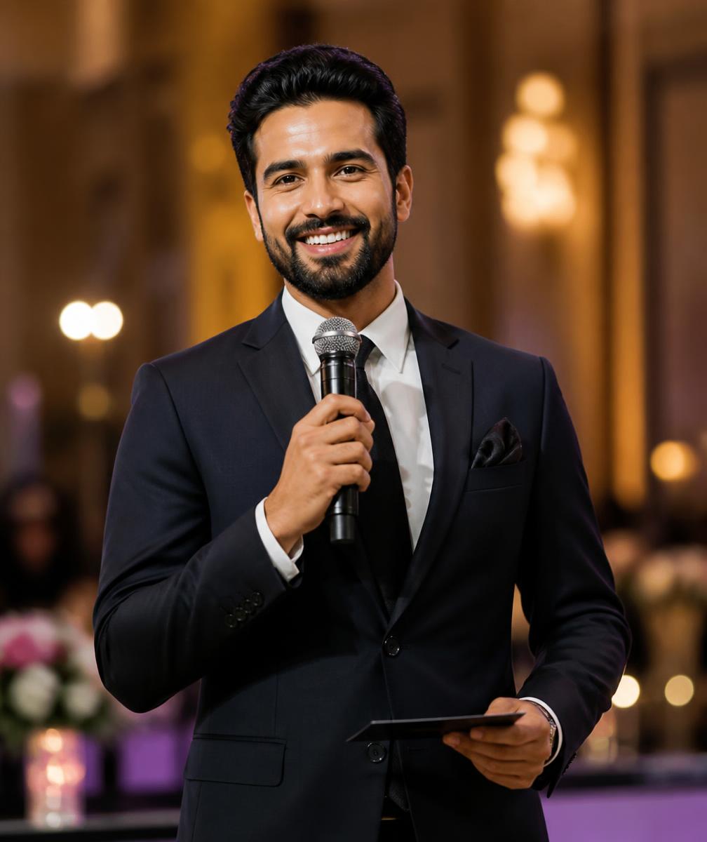 Marco, professional event host, holding a microphone at an event venue