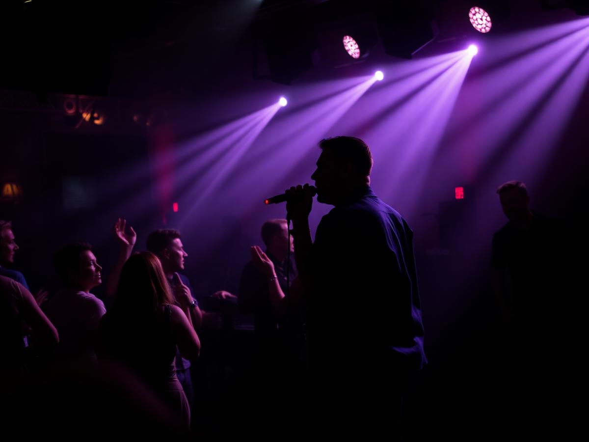 Crowd celebrating under stage lights