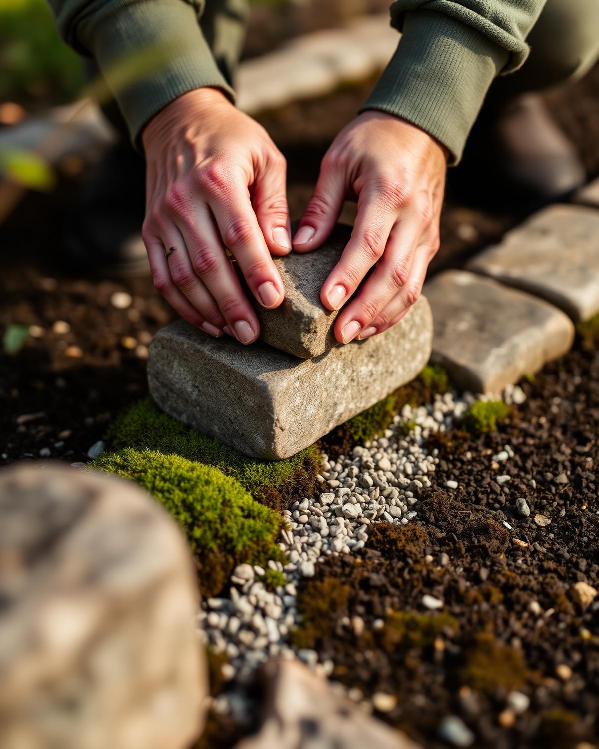 Hands setting a natural stone into a moss and gravel garden bed