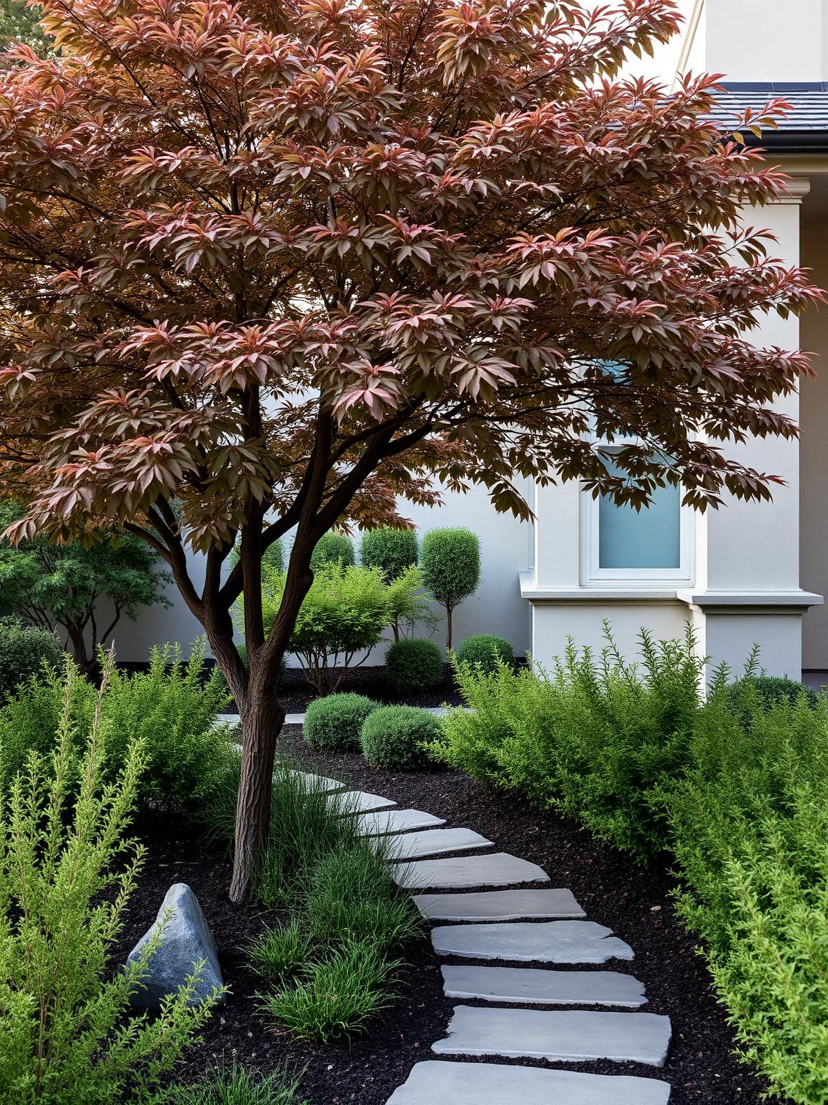 Maple House Garden — Japanese-inspired residential landscape featuring natural stone, Japanese maple, and layered planting.