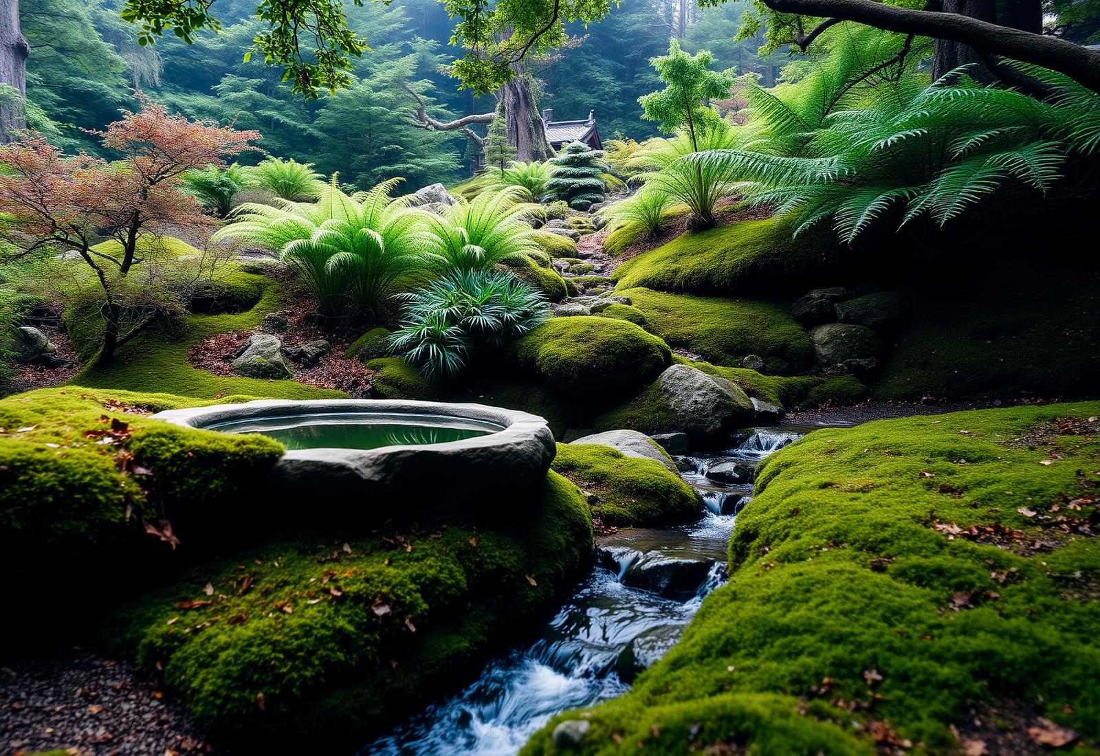Moss & Water — A tranquil garden featuring stone, water, moss, and layered greenery.