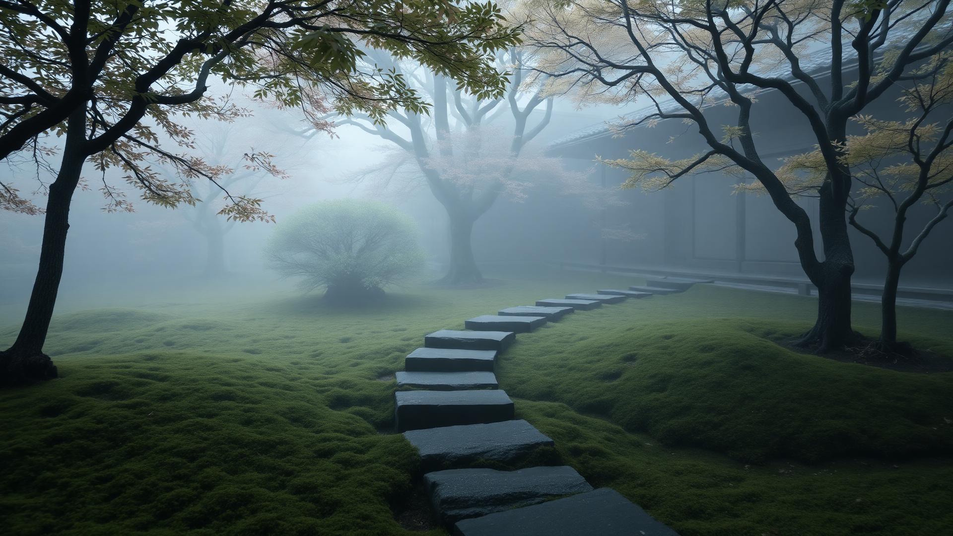 Stepping stones crossing a moss garden beneath mature maples in morning mist