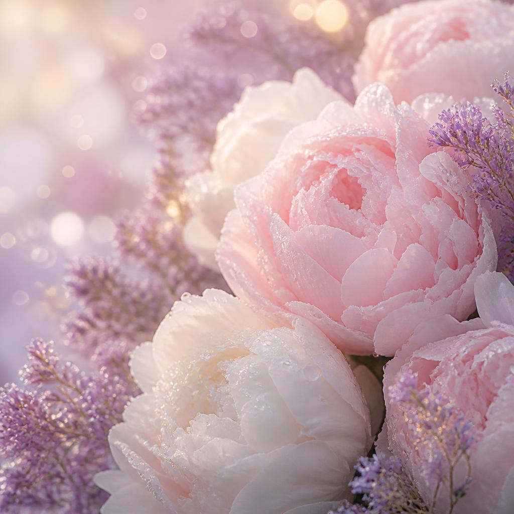 Blush pink and ivory peonies with soft lavender sprigs