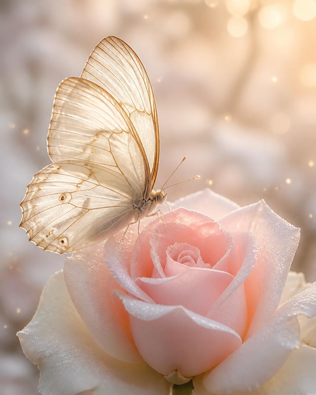 Delicate butterfly resting on a pale pink rose