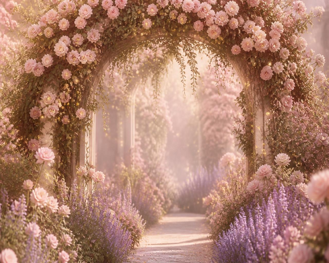 Enchanted garden archway covered in cascading pink roses